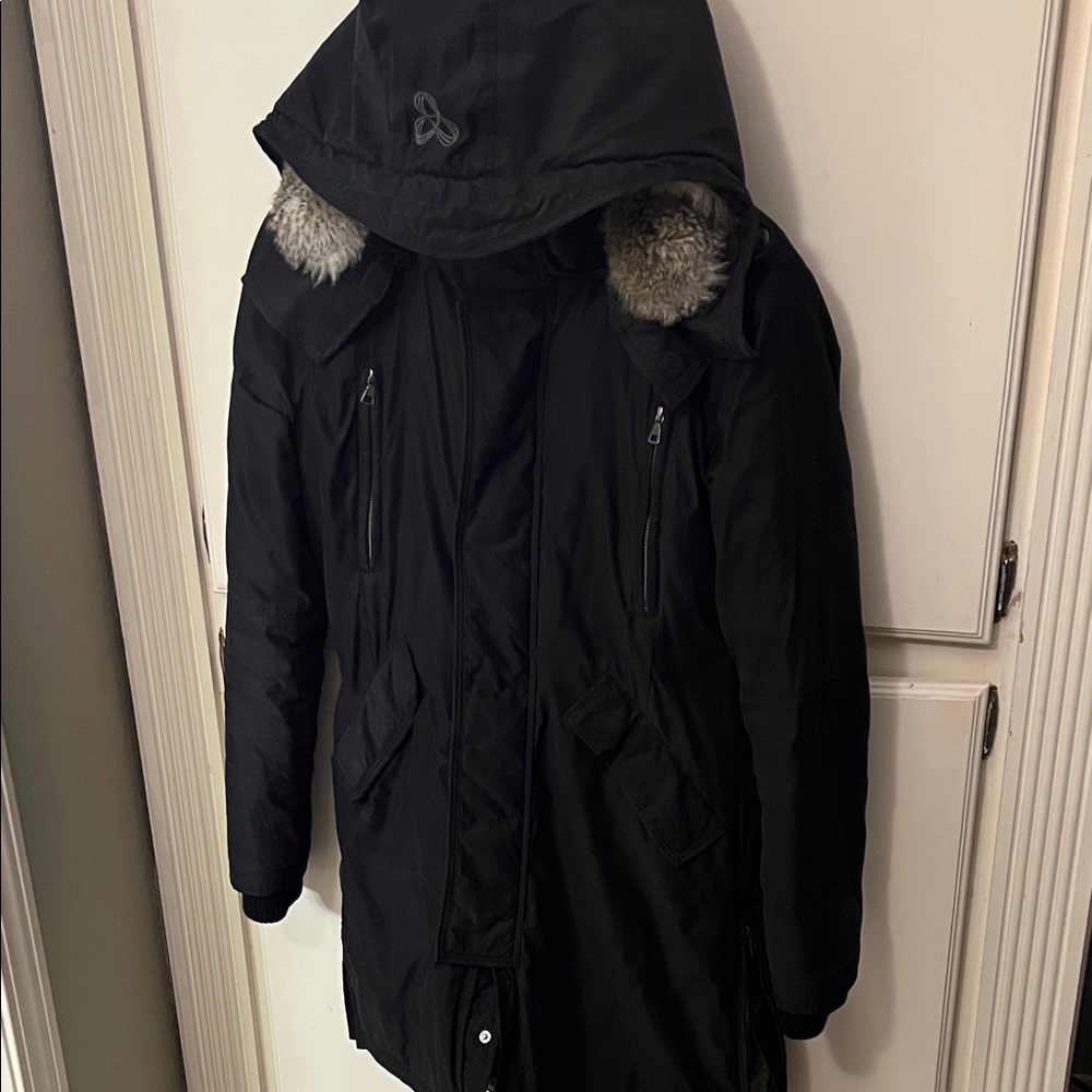 Aritzia Black Hooded Jacket with Fur Trim